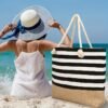 Large Capacity Striped Pattern Women'S Beach Tote Bag with Comfortable Handles