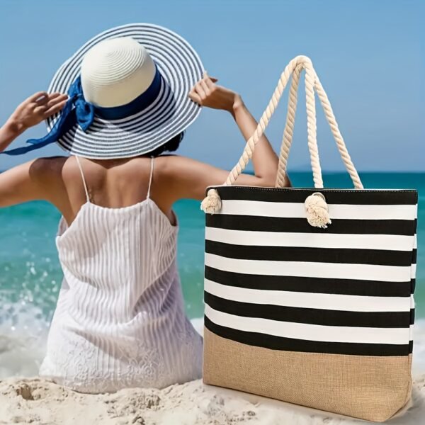 Large Capacity Striped Pattern Women'S Beach Tote Bag with Comfortable Handles
