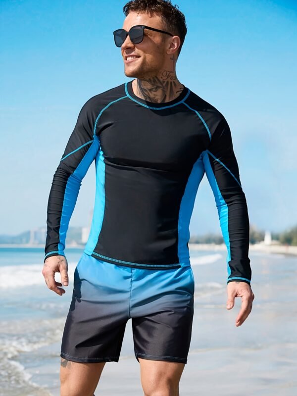 Men's Slim Fit Patchwork Long Sleeve Fashion Swimwear Set