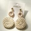 1 Pair of Elegant Boho Chic Handwoven White Rattan Circle Dangle Earrings for Women