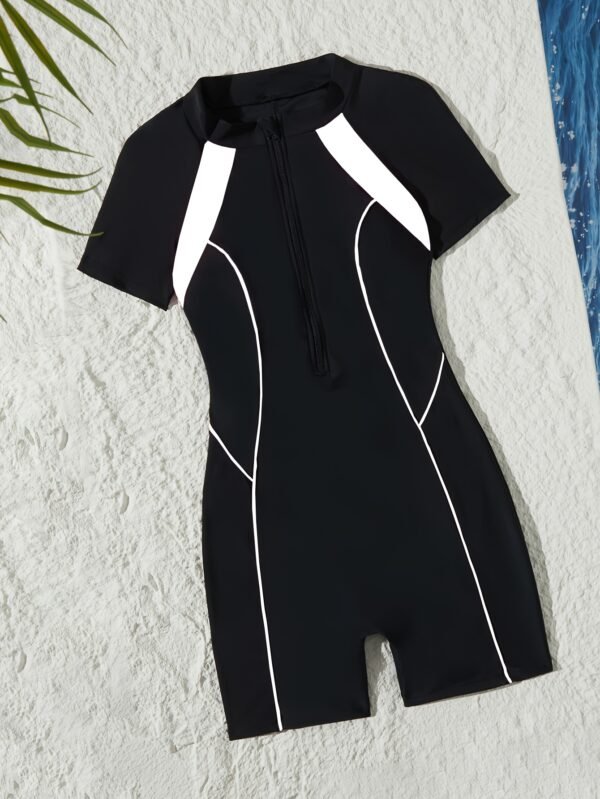 European And American Summer Popular Competition Bodysuit with Color-Blocking And Front Zipper for Women'S Beach Sports Swimsuit