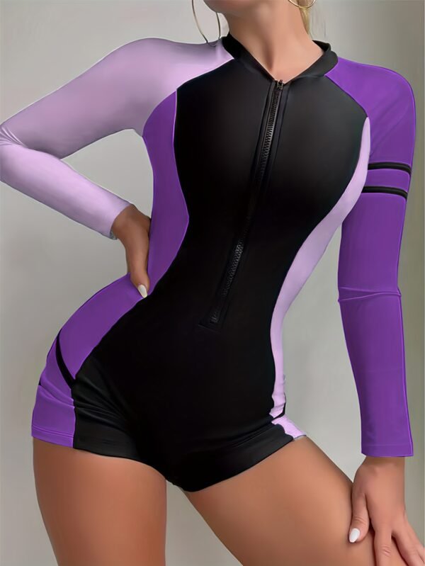 One-piece Color-blocked Zip-up Competitive Swimsuit
