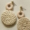 1 Pair of Elegant Boho Chic Handwoven White Rattan Circle Dangle Earrings for Women