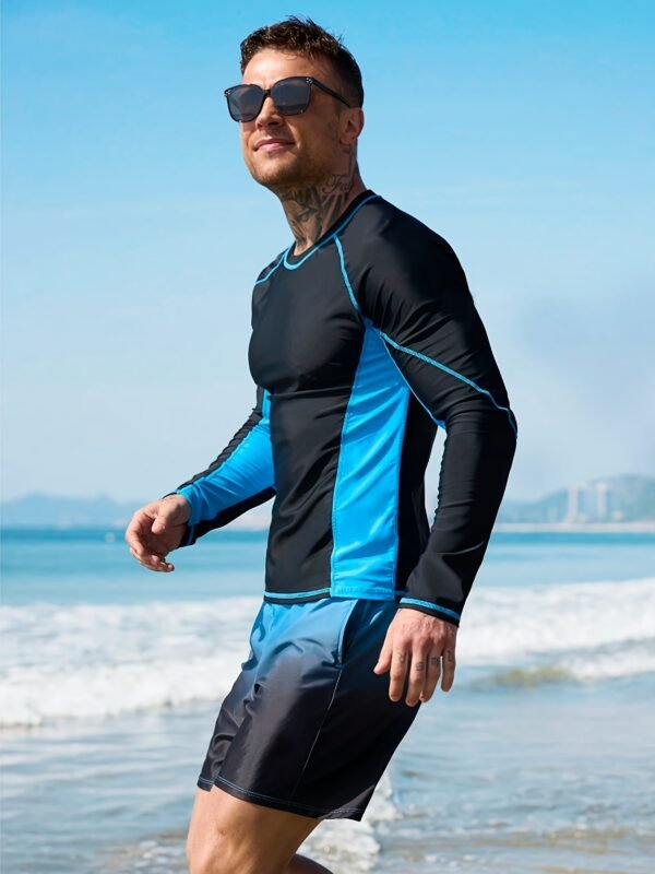 Men's Slim Fit Patchwork Long Sleeve Fashion Swimwear Set