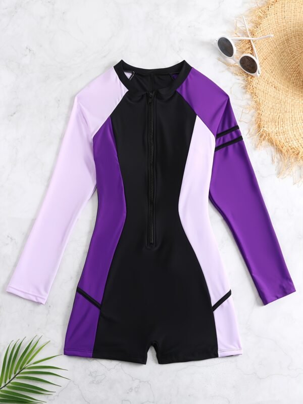 One-piece Color-blocked Zip-up Competitive Swimsuit