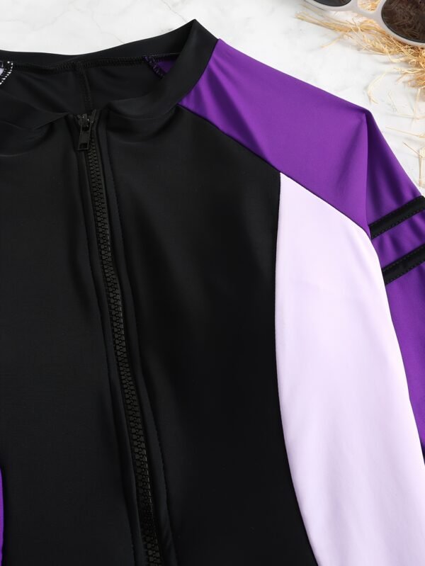 One-piece Color-blocked Zip-up Competitive Swimsuit