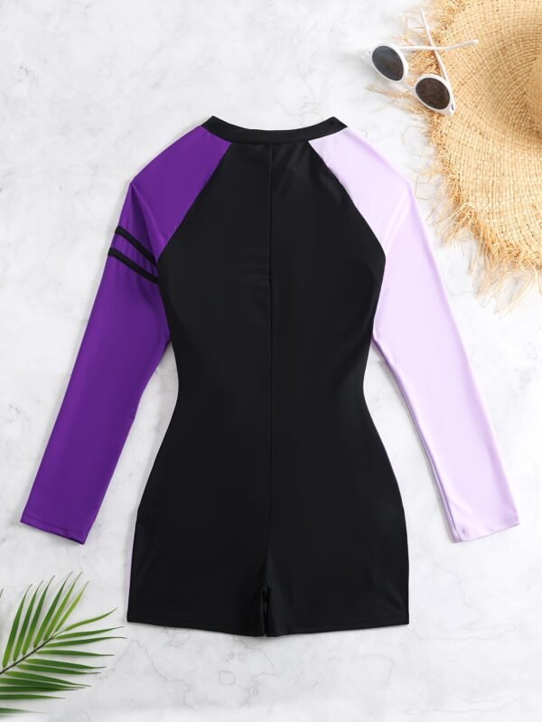 One-piece Color-blocked Zip-up Competitive Swimsuit
