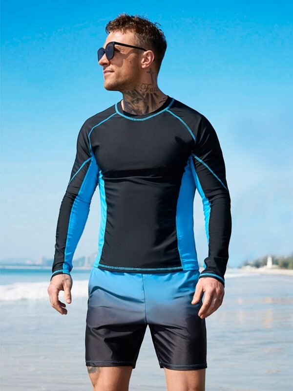 Men's Slim Fit Patchwork Long Sleeve Fashion Swimwear Set